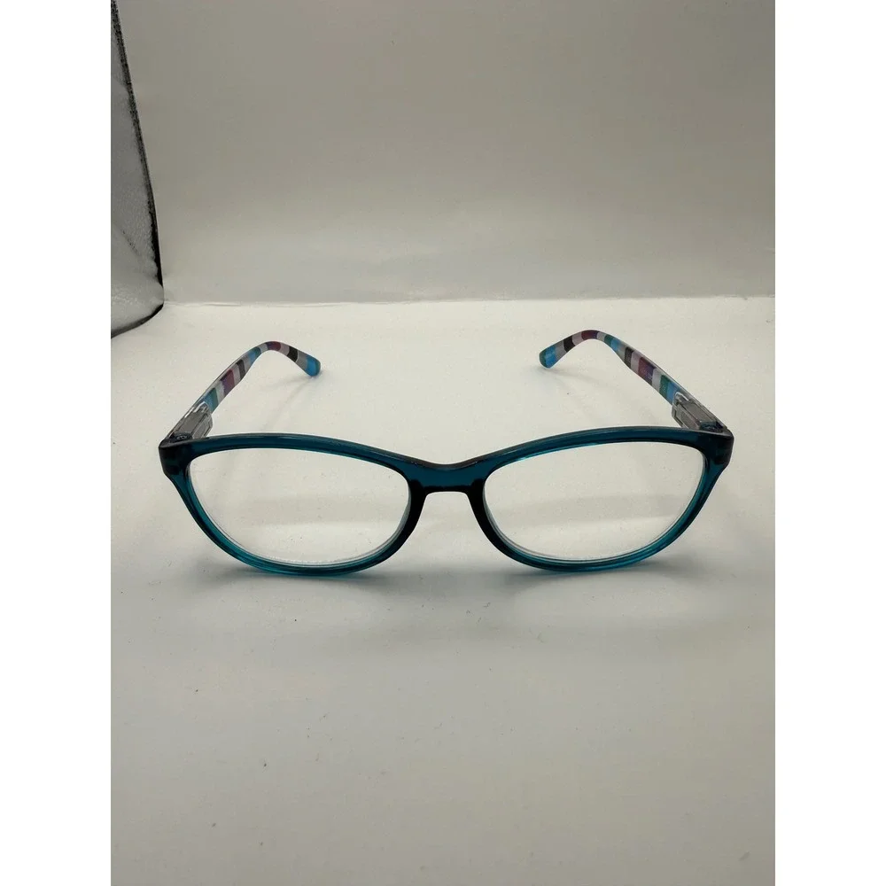 Foster Grant Reading Glasses Teal Blue Oval Frame Striped Temples +3.00 Strength